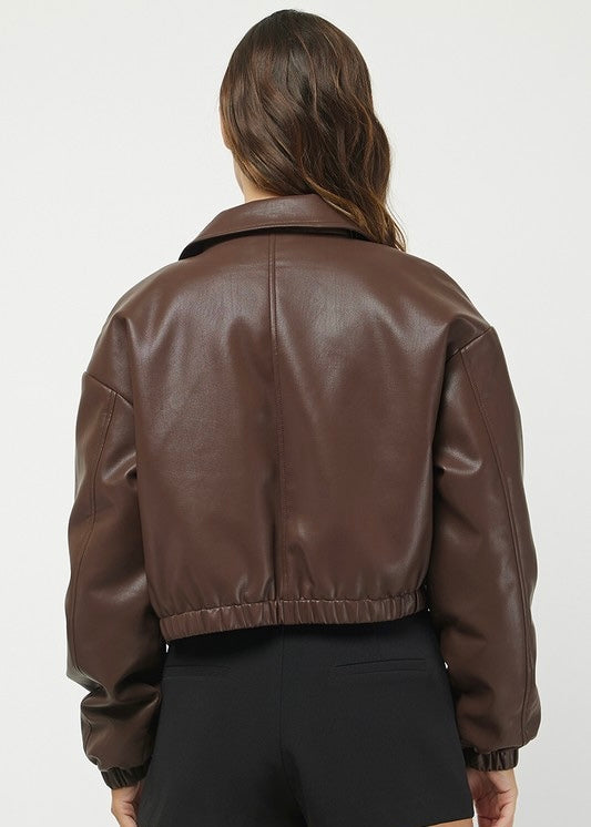 Chocolate Faux Leather Bomber Jacket